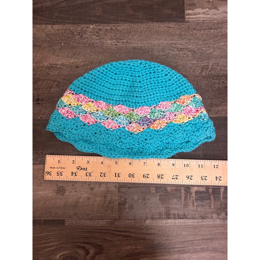 Handmade Kids Crochet Bucket Hat Turquoise Blue Multi Color Shell Stitch Sun Hat - Picture 2 of 2